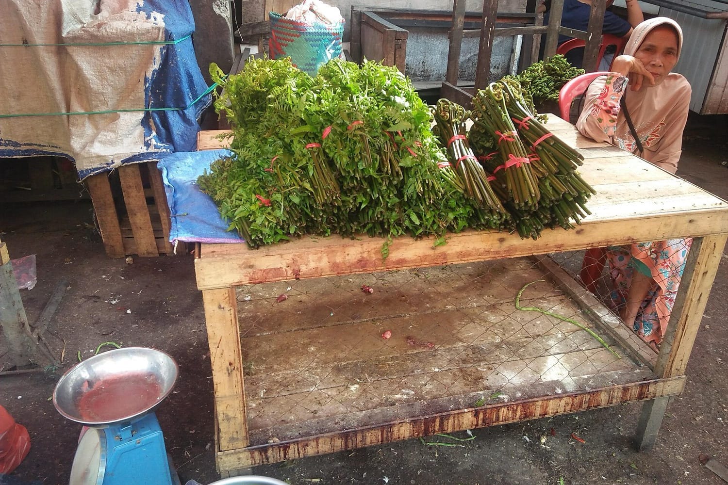 Seorang pedagang duduk di lapak kayu berisi seikat sayuran hijau dengan timbangan di sampingnya, Pasar Raya Solok